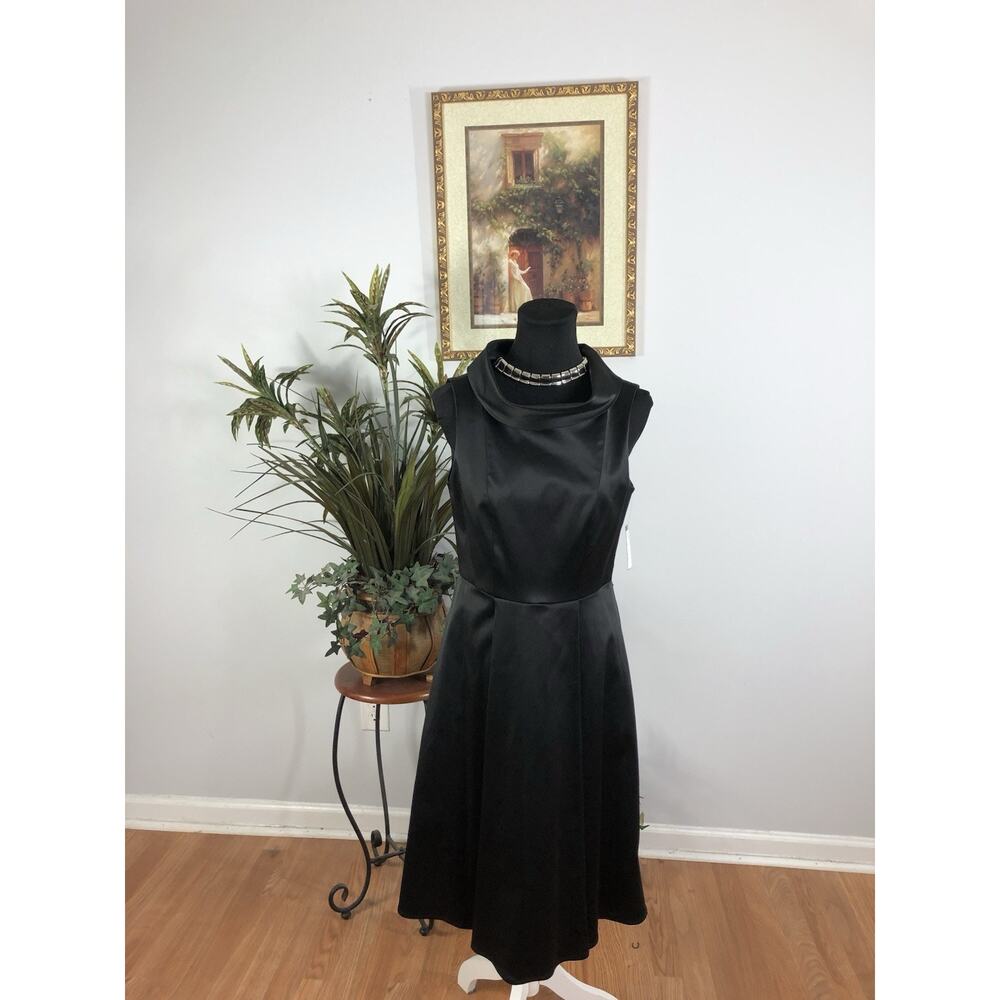 Paniz NY Women Satin Tank Dress 8 Black Boat Neck Semi-formal Pleated Elegant